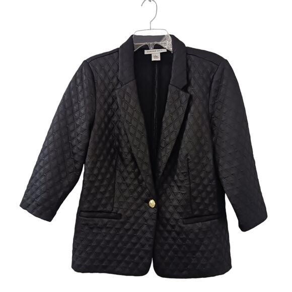 Black Jacket Blazer Luxury Sz Large Diamond Quilted Gold Button Cocktail Modern - Picture 10 of 15